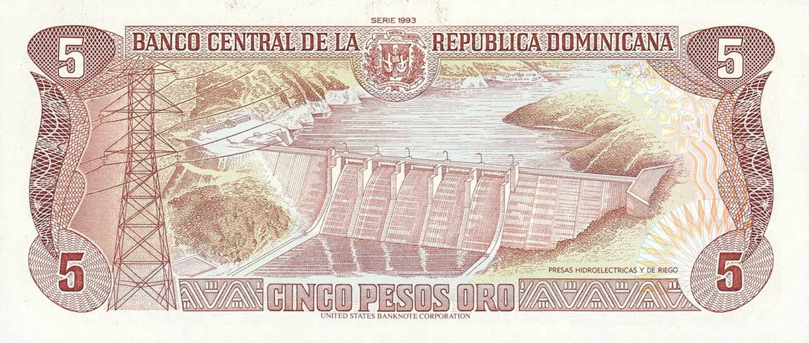 Back of Dominican Republic p143a: 5 Pesos Oro from 1993