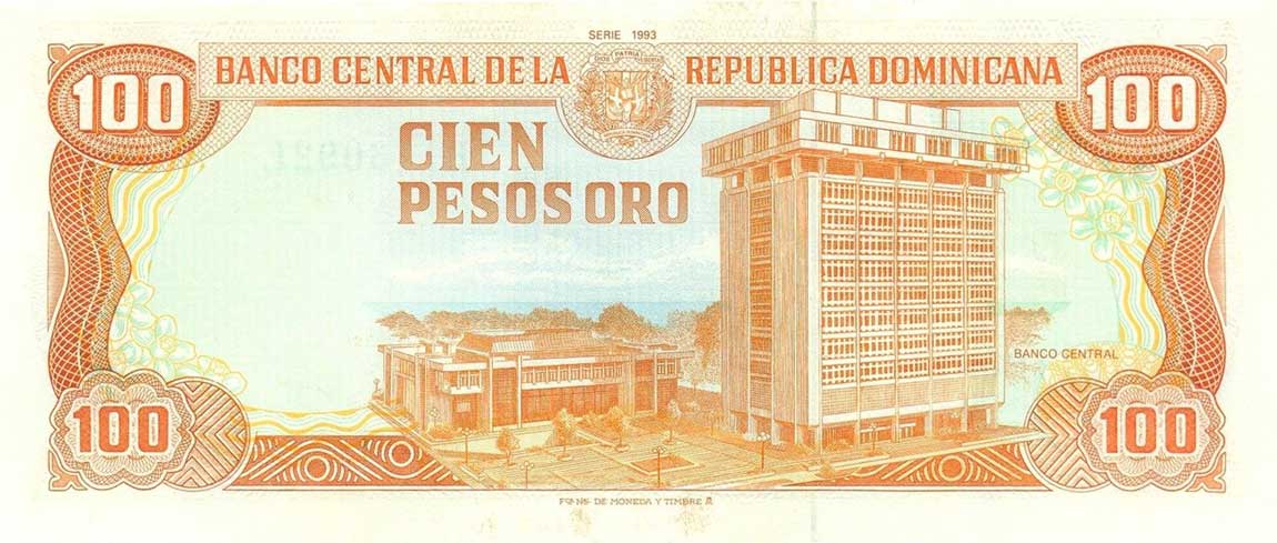 Back of Dominican Republic p144a: 100 Pesos Oro from 1993