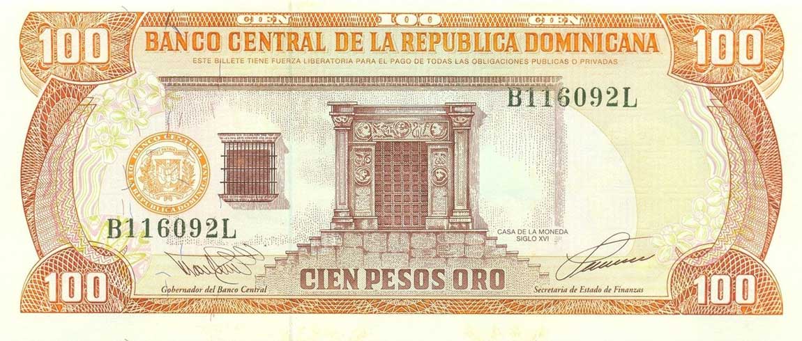 Front of Dominican Republic p144a: 100 Pesos Oro from 1993