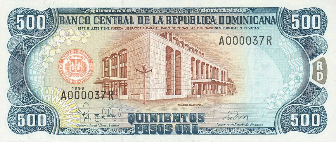 Front of Dominican Republic p157c: 500 Pesos Oro from 1998