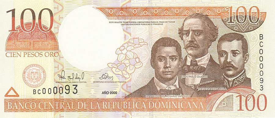 Front of Dominican Republic p167a: 100 Pesos Oro from 2000