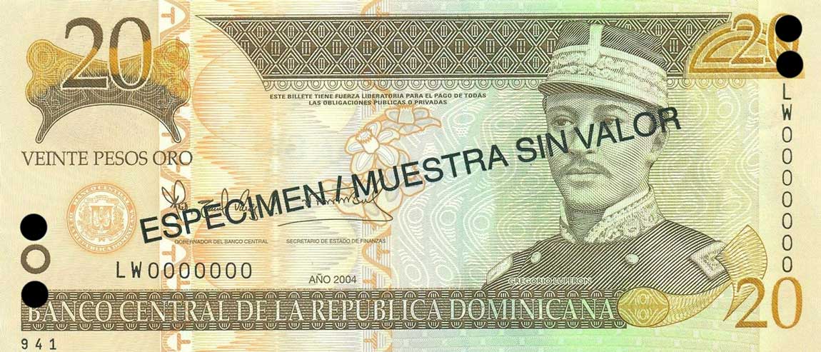 Front of Dominican Republic p169s4: 20 Pesos Oro from 2004