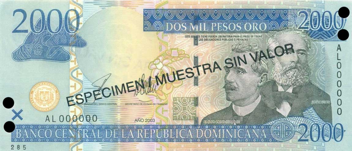 Front of Dominican Republic p174s2: 2000 Pesos Oro from 2003