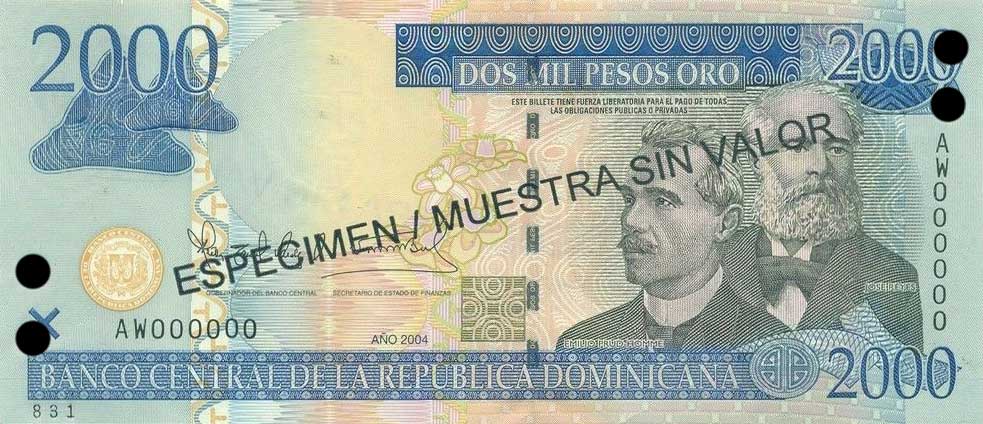 Front of Dominican Republic p174s3: 2000 Pesos Oro from 2004