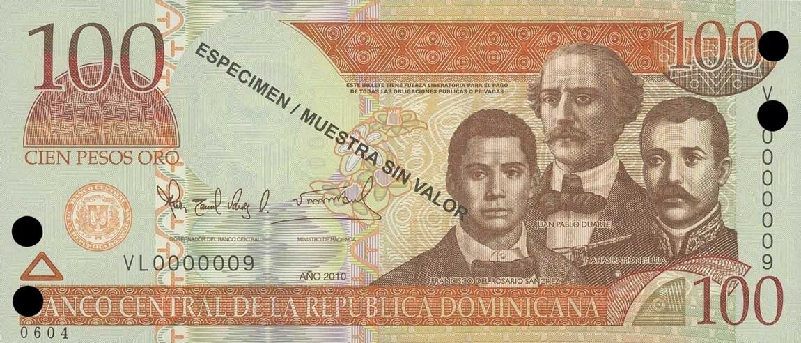 Front of Dominican Republic p177s3: 100 Pesos Oro from 2010