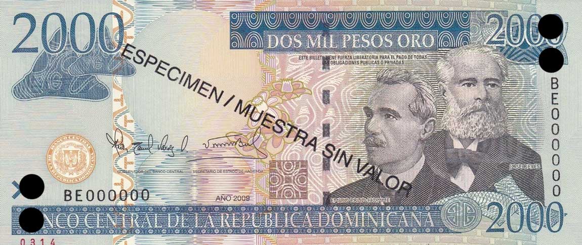 Front of Dominican Republic p181s2: 2000 Pesos Oro from 2009