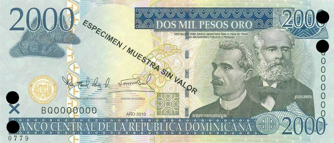 Front of Dominican Republic p181s3: 2000 Pesos Oro from 2010