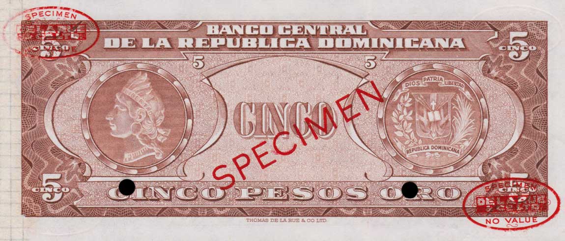 Back of Dominican Republic p61s: 5 Pesos Oro from 1947