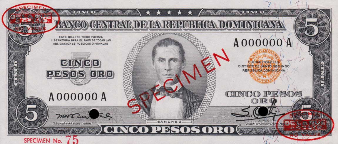 Front of Dominican Republic p61s: 5 Pesos Oro from 1947