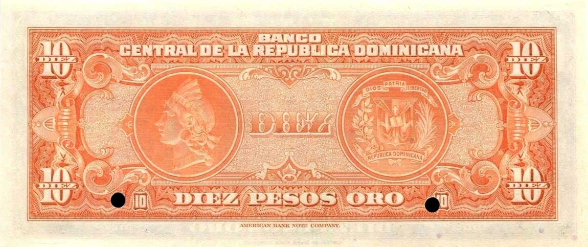 Back of Dominican Republic p62s: 10 Pesos Oro from 1947