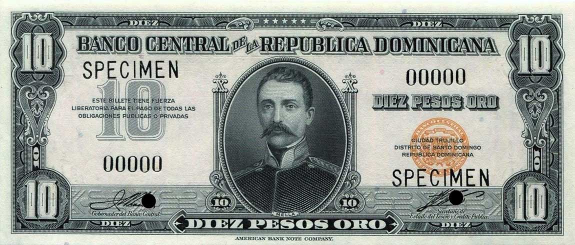 Front of Dominican Republic p62s: 10 Pesos Oro from 1947
