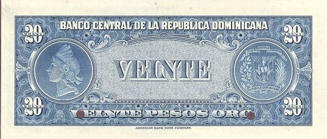 Back of Dominican Republic p63s: 20 Pesos Oro from 1947