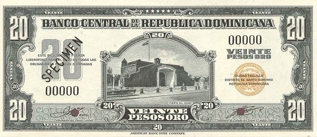 Front of Dominican Republic p63s: 20 Pesos Oro from 1947