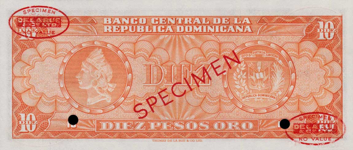 Back of Dominican Republic p69s: 10 Pesos Oro from 1952