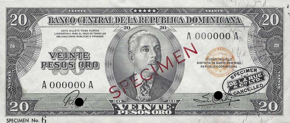 Front of Dominican Republic p70s: 20 Pesos Oro from 1952