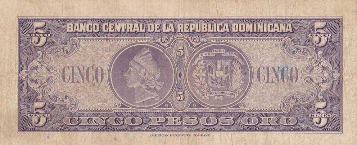 Back of Dominican Republic p92a: 5 Pesos Oro from 1962