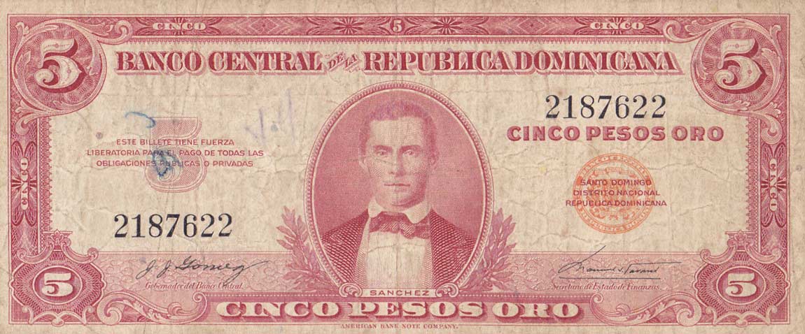 Front of Dominican Republic p92a: 5 Pesos Oro from 1962