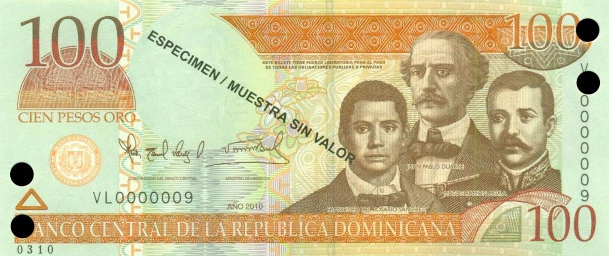 Front of Dominican Republic p184s: 100 Pesos Dominicanos from 2010