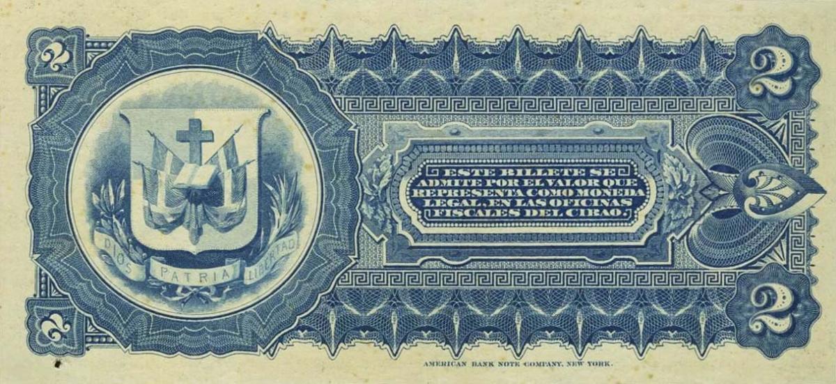Back of Dominican Republic pS104r: 2 Pesos from 1880