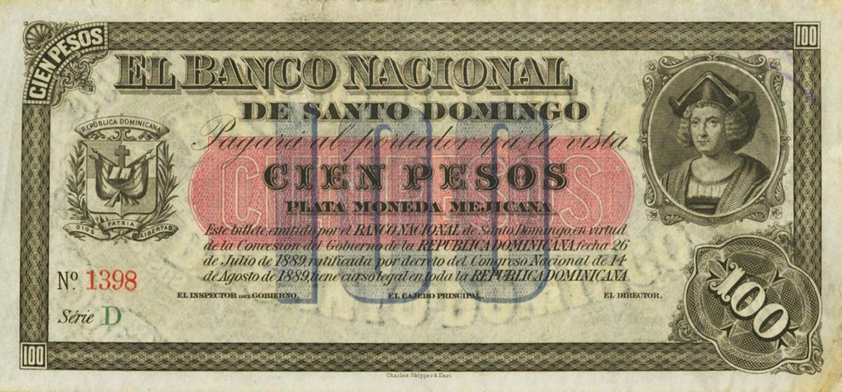 Front of Dominican Republic pS147: 100 Pesos from 1889