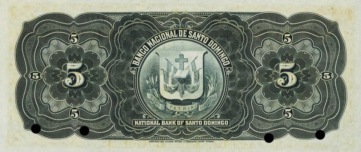 Back of Dominican Republic pS153s: 5 Pesos from 1912