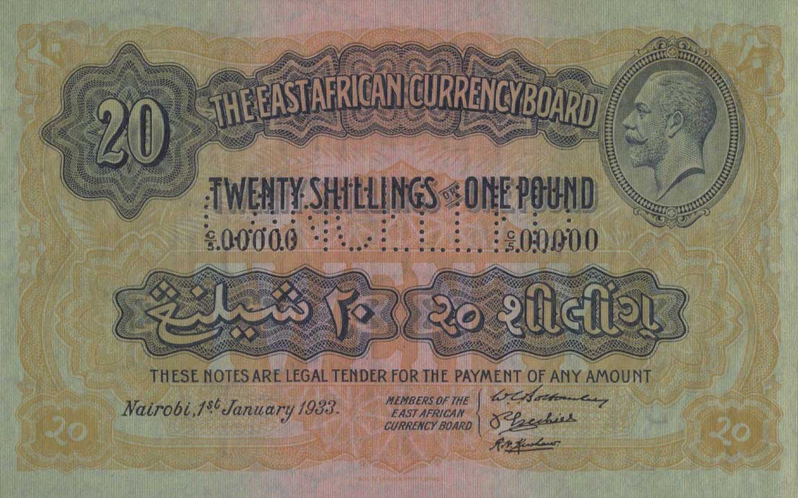Front of East Africa p22s: 20 Shillings from 1933