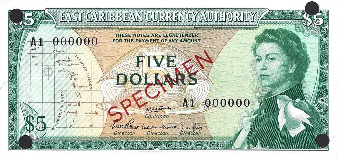 Front of East Caribbean States p14s: 5 Dollars from 1965