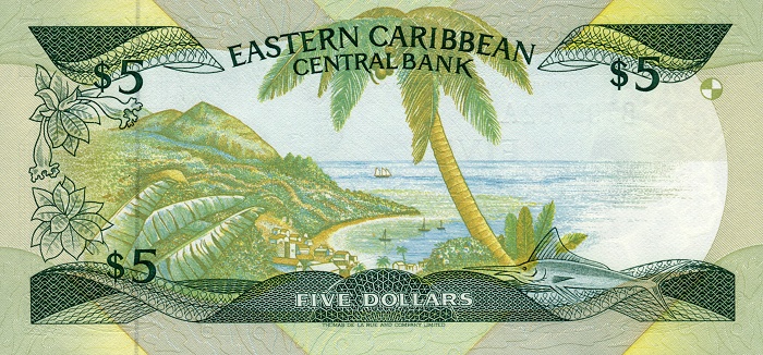 Back of East Caribbean States p22a1: 5 Dollars from 1988