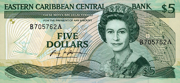 Front of East Caribbean States p22a1: 5 Dollars from 1988
