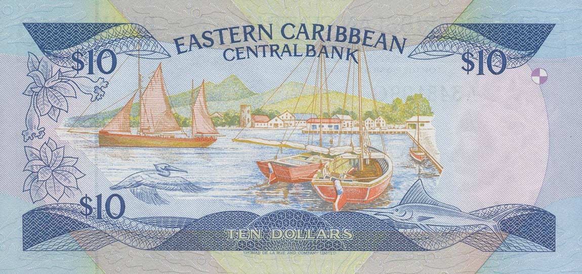 Back of East Caribbean States p23g: 10 Dollars from 1985