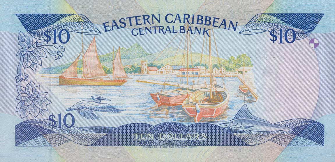 Back of East Caribbean States p23m: 10 Dollars from 1985