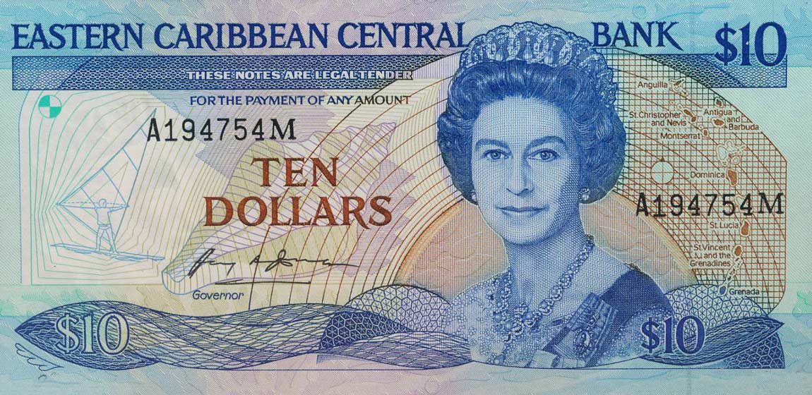 Front of East Caribbean States p23m: 10 Dollars from 1985