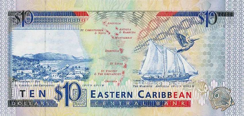 Back of East Caribbean States p27m: 10 Dollars from 1993
