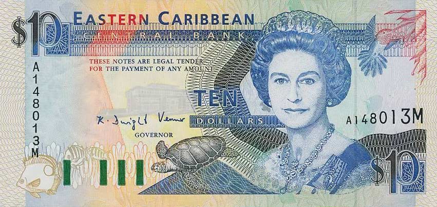 Front of East Caribbean States p27m: 10 Dollars from 1993