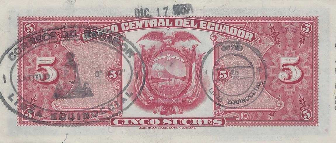 Back of Ecuador p100b: 5 Sucres from 1957