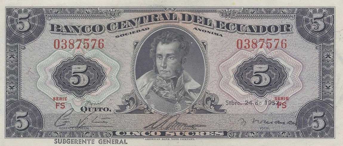 Front of Ecuador p100b: 5 Sucres from 1957