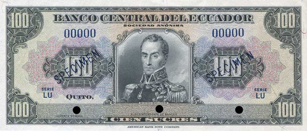 Front of Ecuador p104As: 100 Sucres from 1952