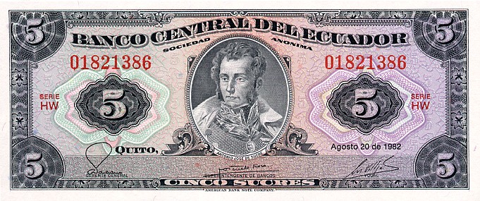 Front of Ecuador p108b: 5 Sucres from 1982