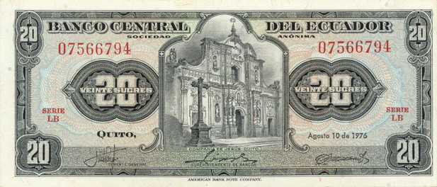Front of Ecuador p110a: 20 Sucres from 1976