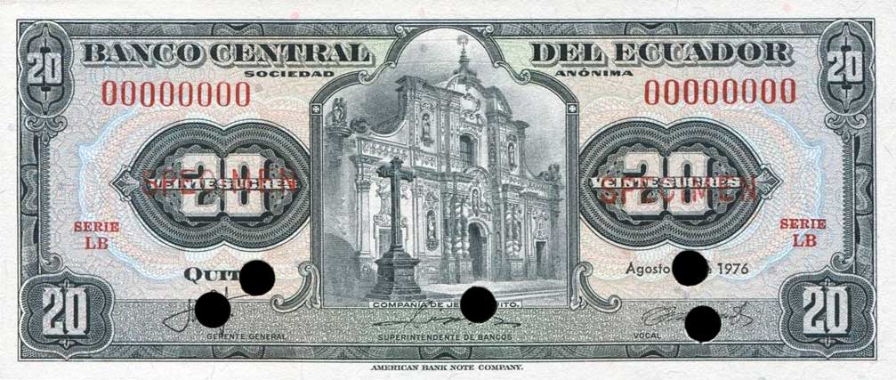 Front of Ecuador p110s: 20 Sucres from 1976