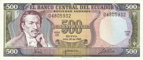 Front of Ecuador p119b: 500 Sucres from 1982