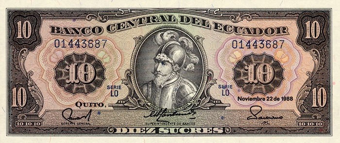 Front of Ecuador p121: 10 Sucres from 1986
