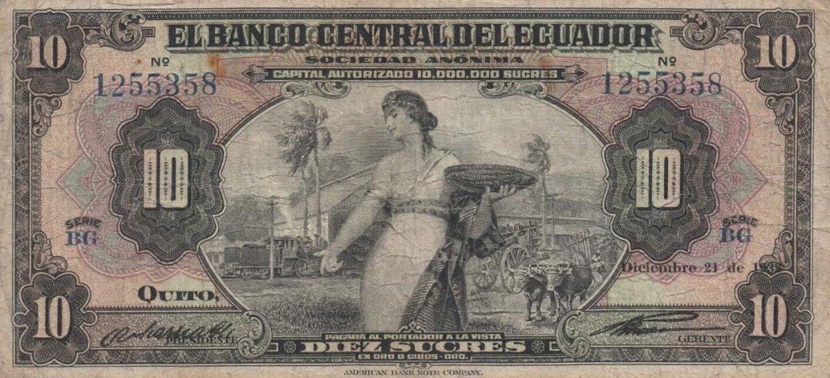 Front of Ecuador p85a: 10 Sucres from 1928