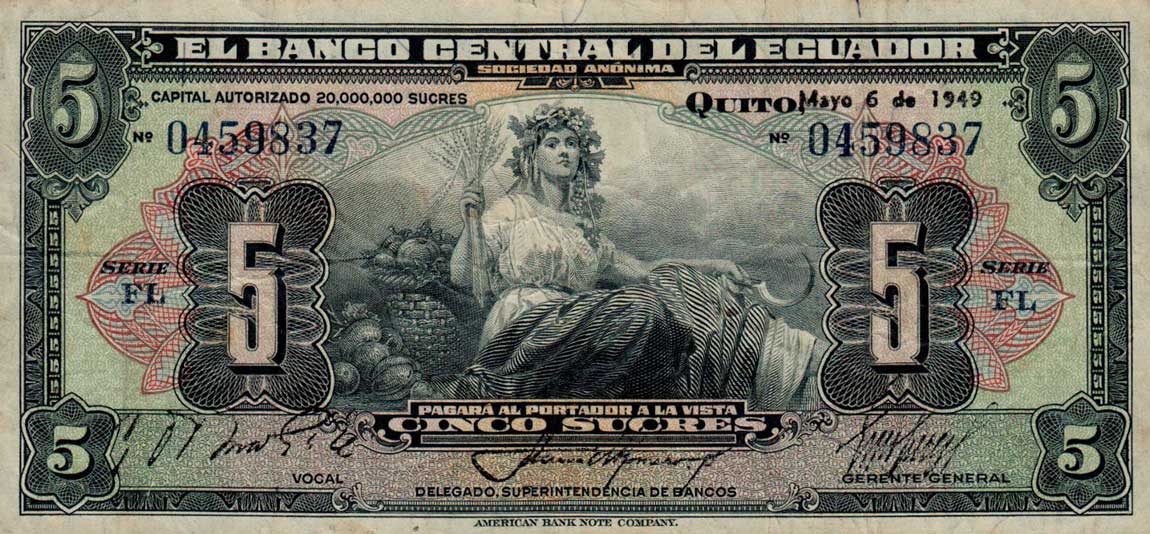 Front of Ecuador p91c: 5 Sucres from 1947