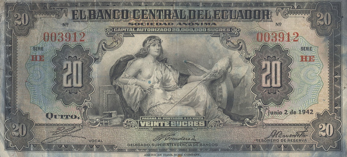Front of Ecuador p93b: 20 Sucres from 1940