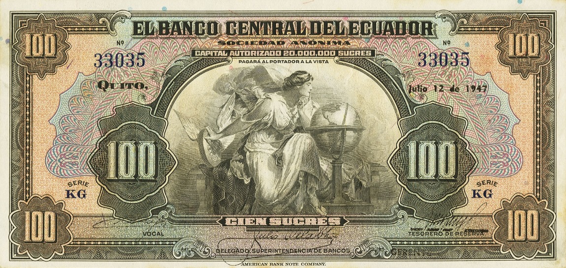 Front of Ecuador p95c: 100 Sucres from 1945