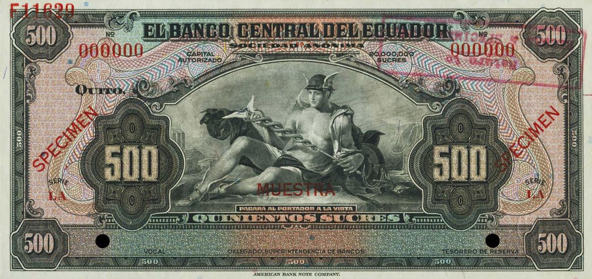 Front of Ecuador p96s: 500 Sucres from 1944