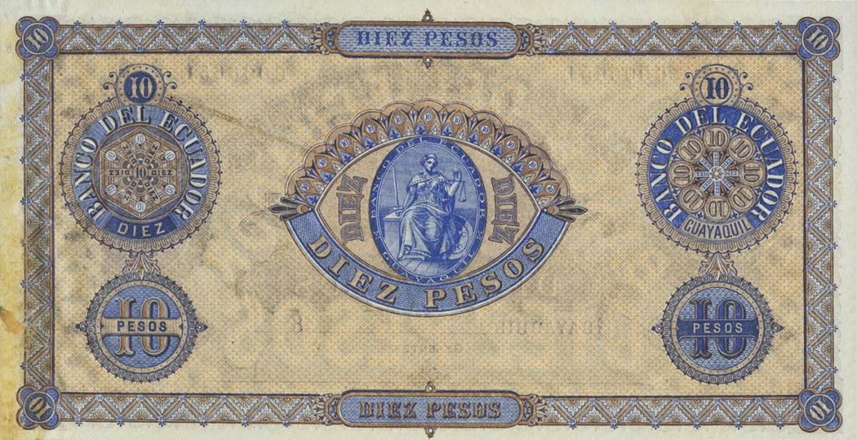 Back of Ecuador pS141B: 10 Pesos from 1872