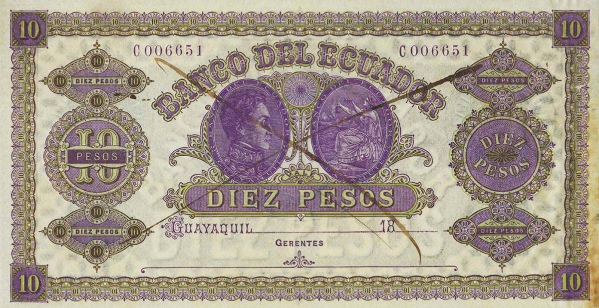 Front of Ecuador pS141B: 10 Pesos from 1872
