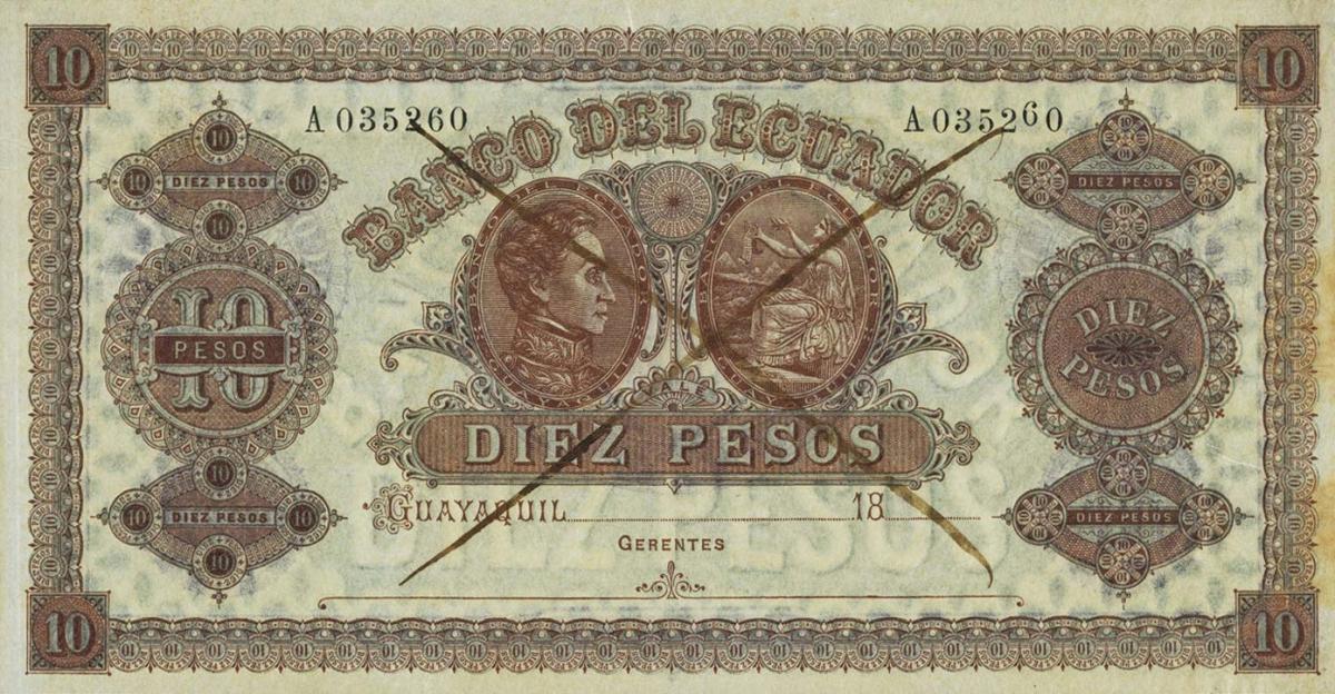 Front of Ecuador pS141Cct1: 10 Pesos from 1872